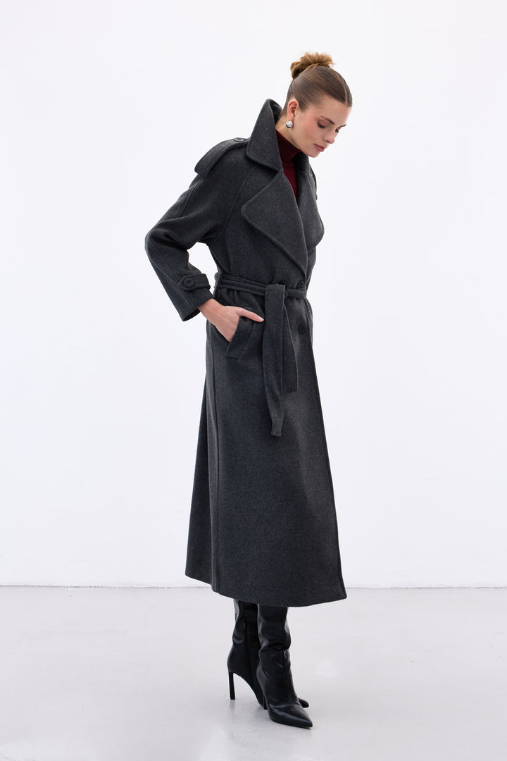 Sateen Manteau long à col large - Anthracite