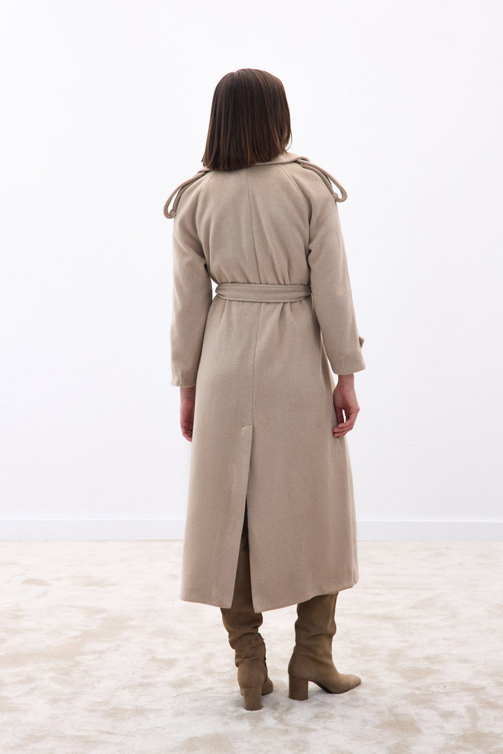 Sateen Manteau Long à Col Large - Beige