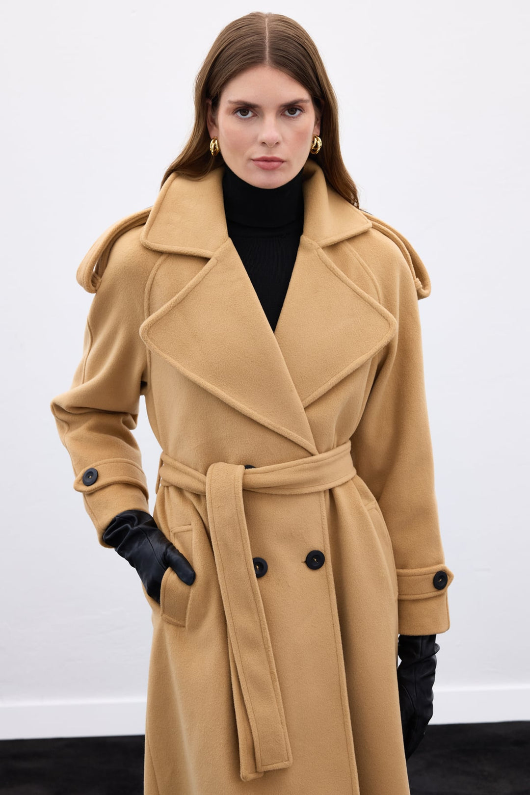 Sateen Manteau long à col large - camel
