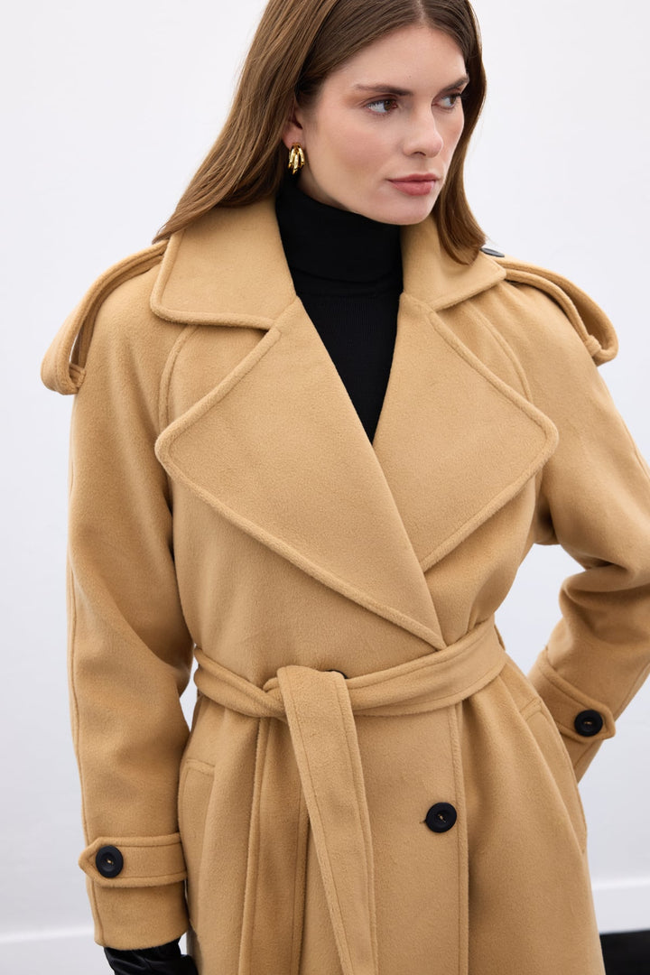 Sateen Manteau long à col large - camel