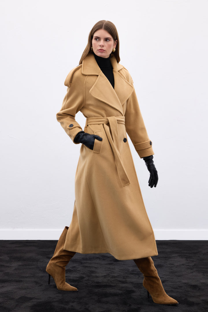 Sateen Manteau long à col large - camel