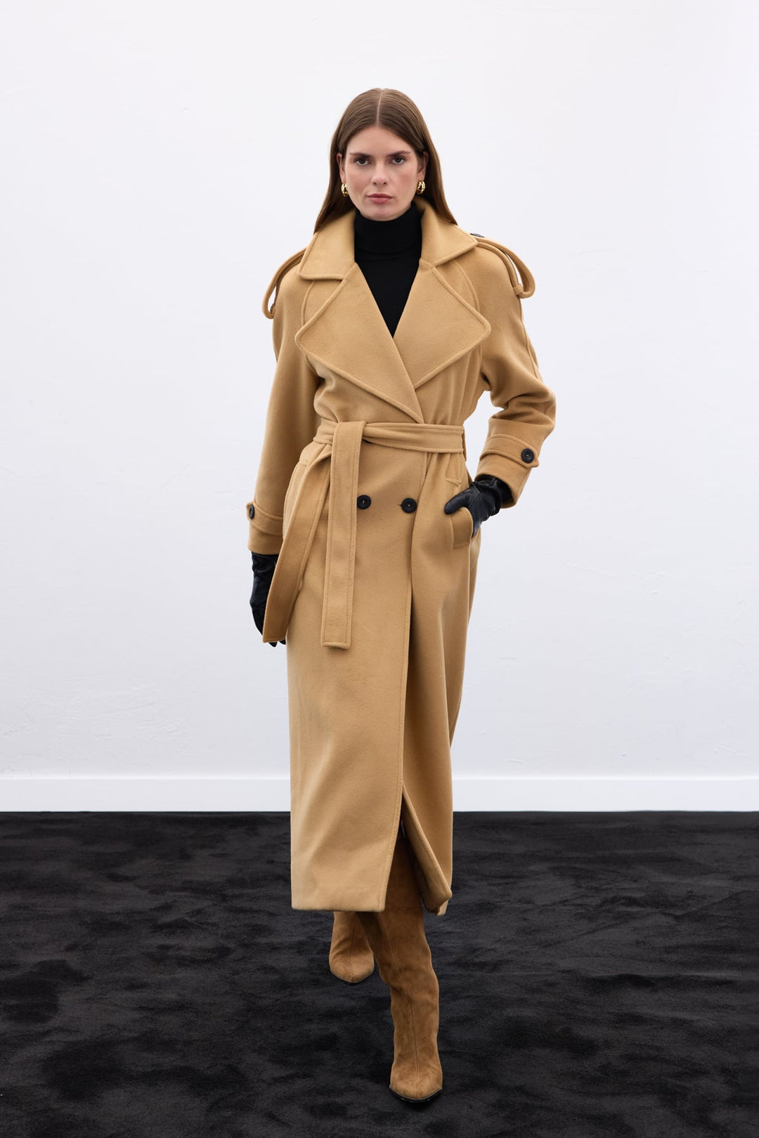 Sateen Manteau long à col large - camel
