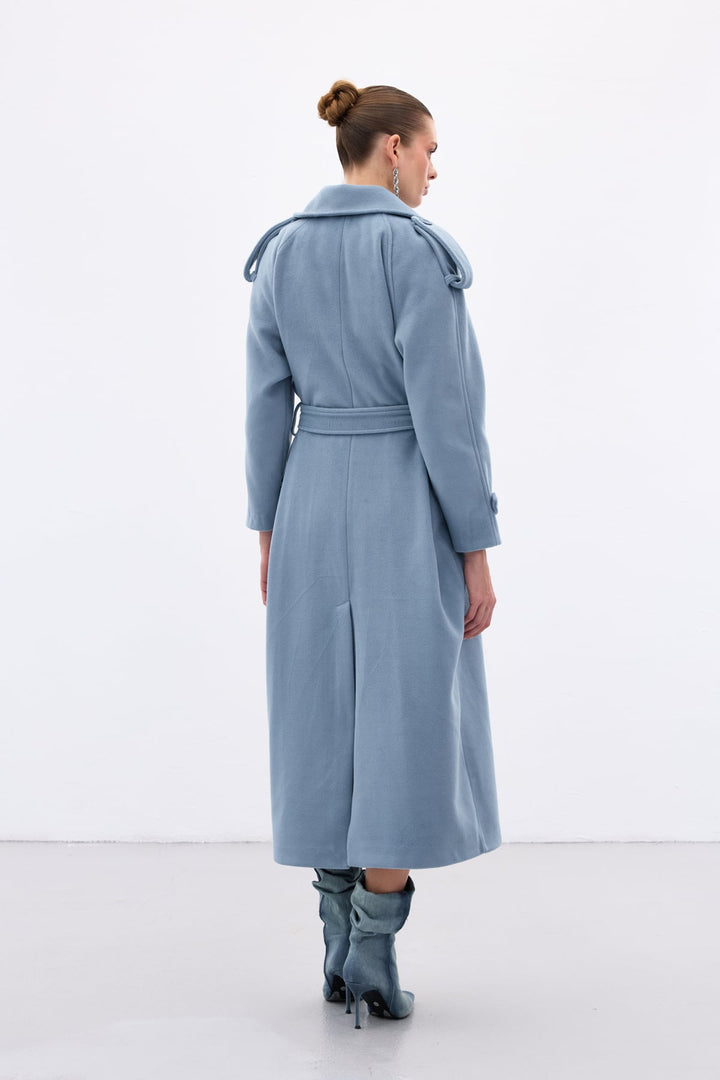 Sateen Manteau long à col large - Bleu
