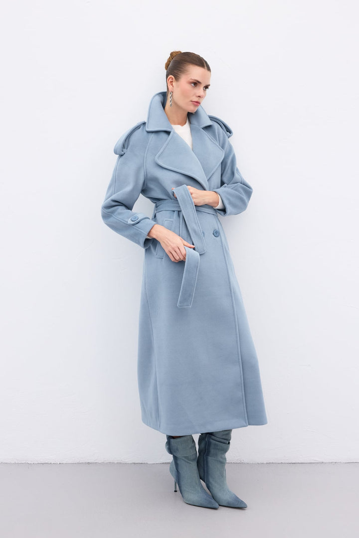 Sateen Manteau long à col large - Bleu