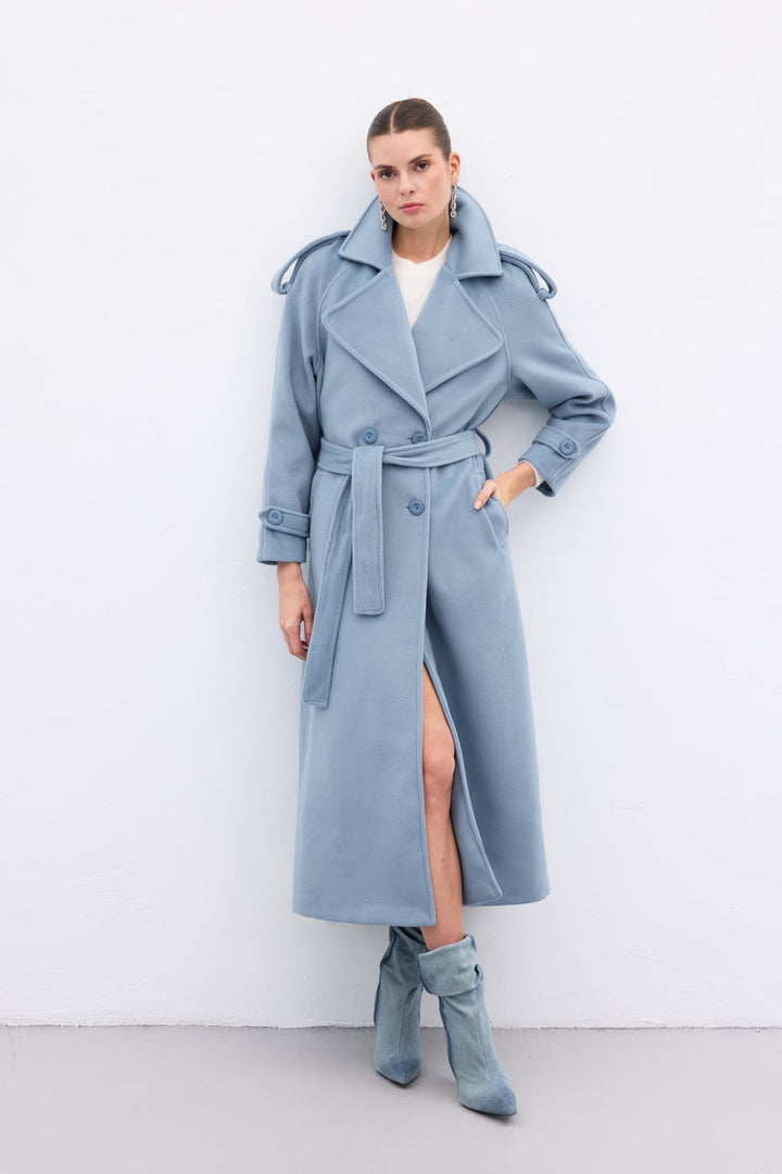 Sateen Manteau long à col large - Bleu