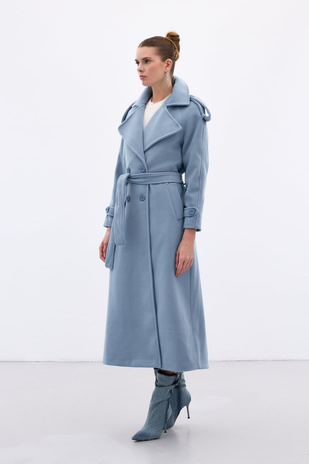 Sateen Manteau long à col large - Bleu