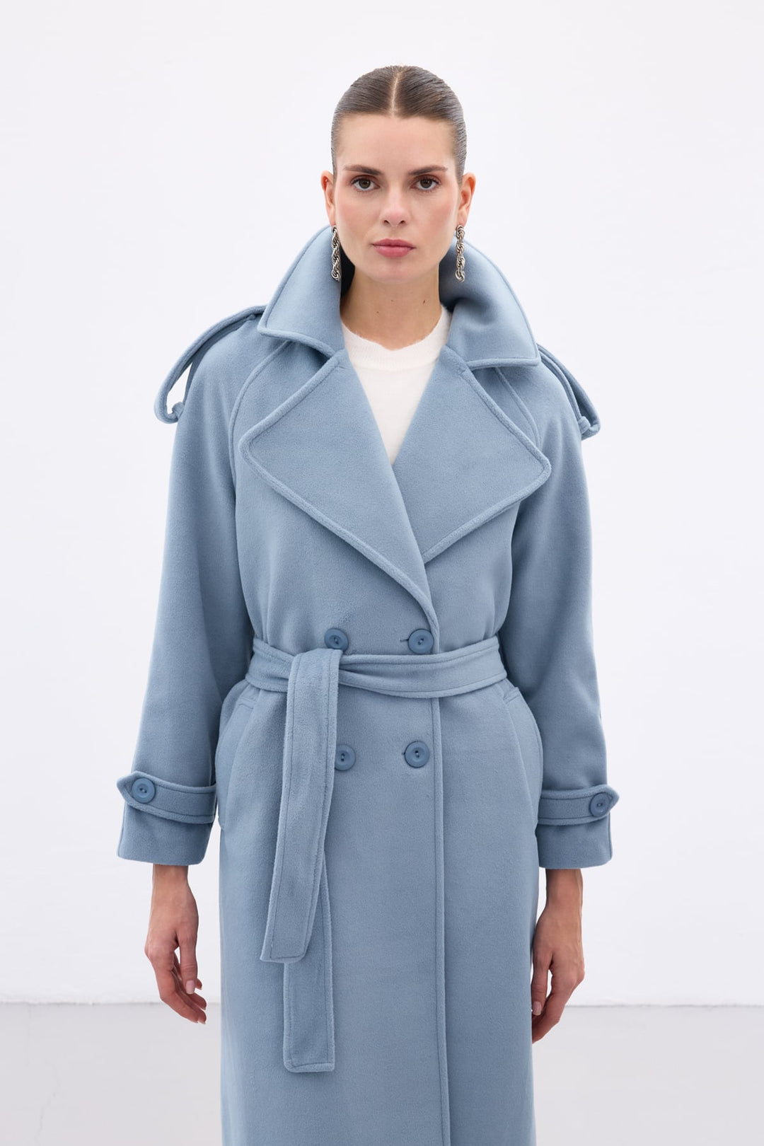 Sateen Manteau long à col large - Bleu
