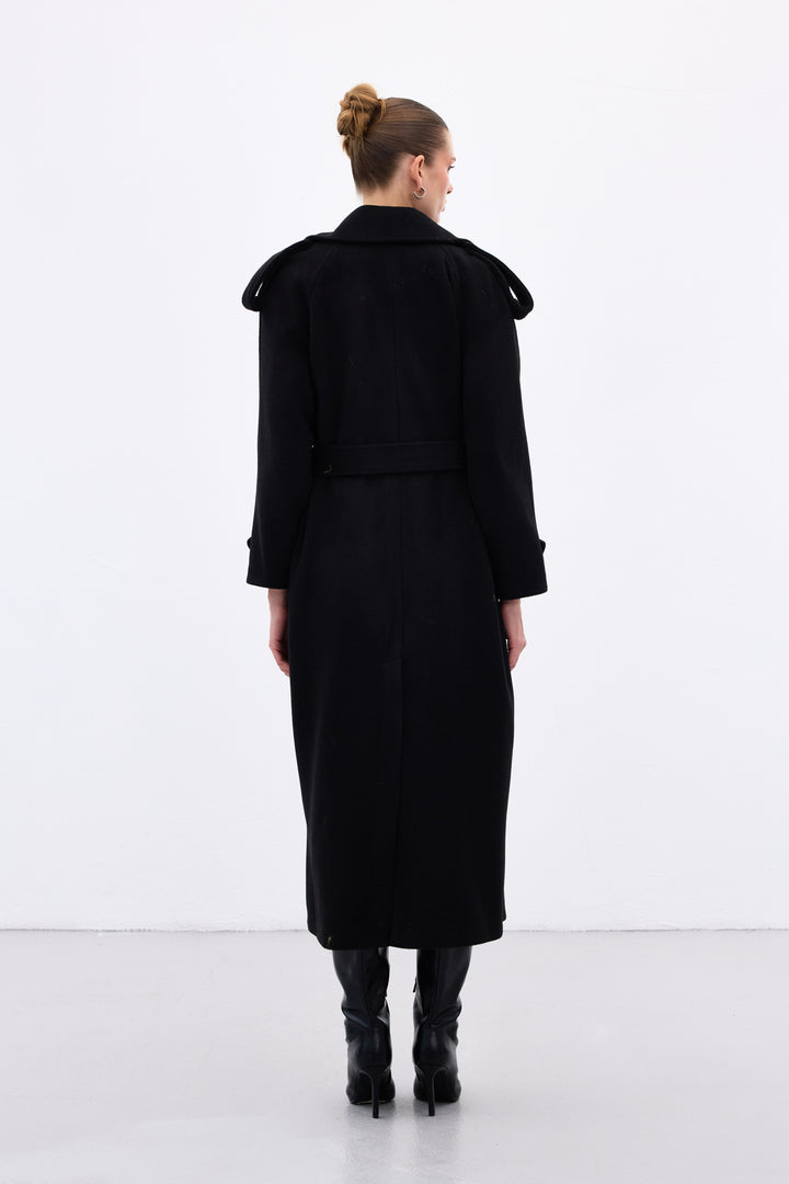 Sateen Manteau Long à Col Large - Noir