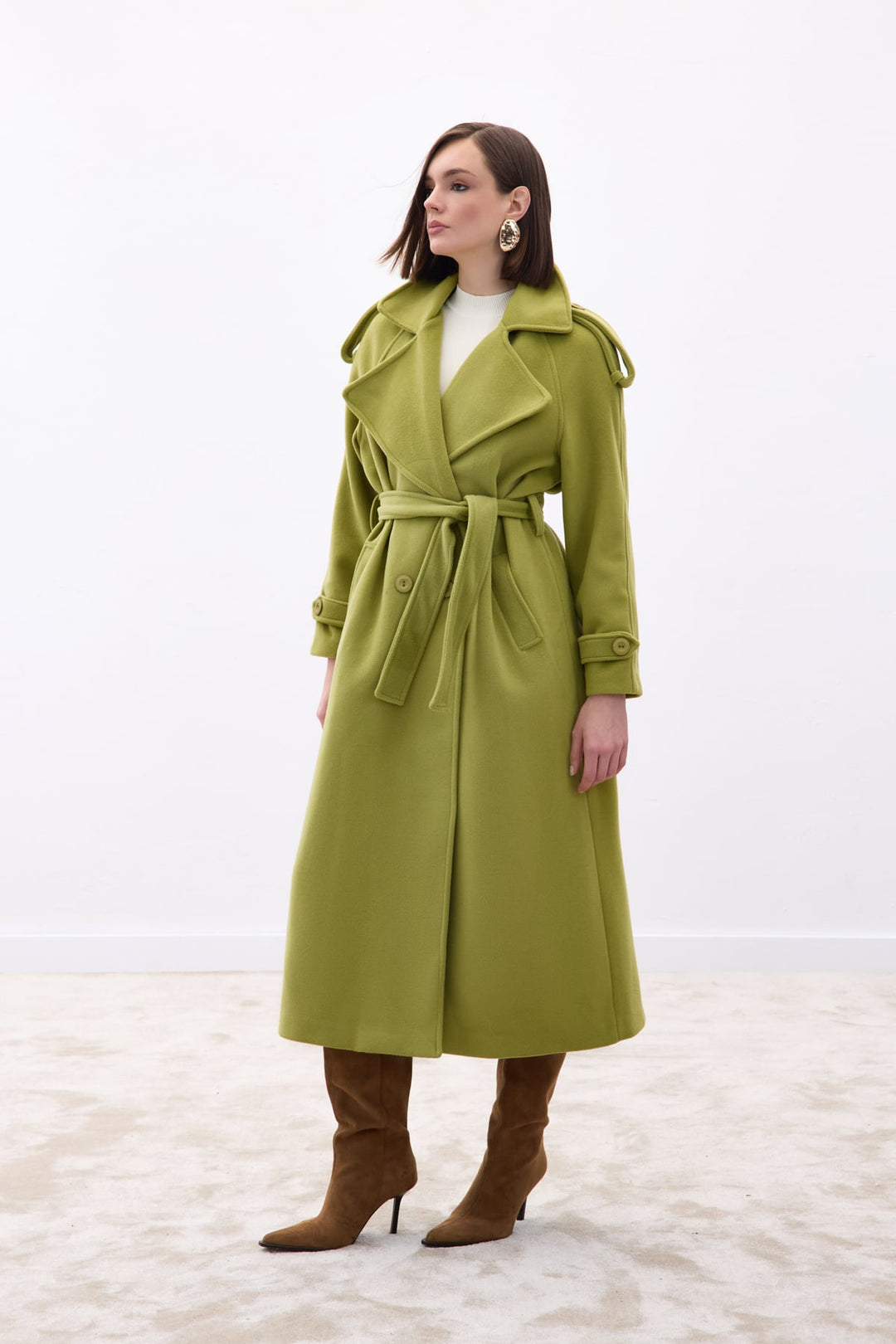 Sateen Manteau long à col large - Vert