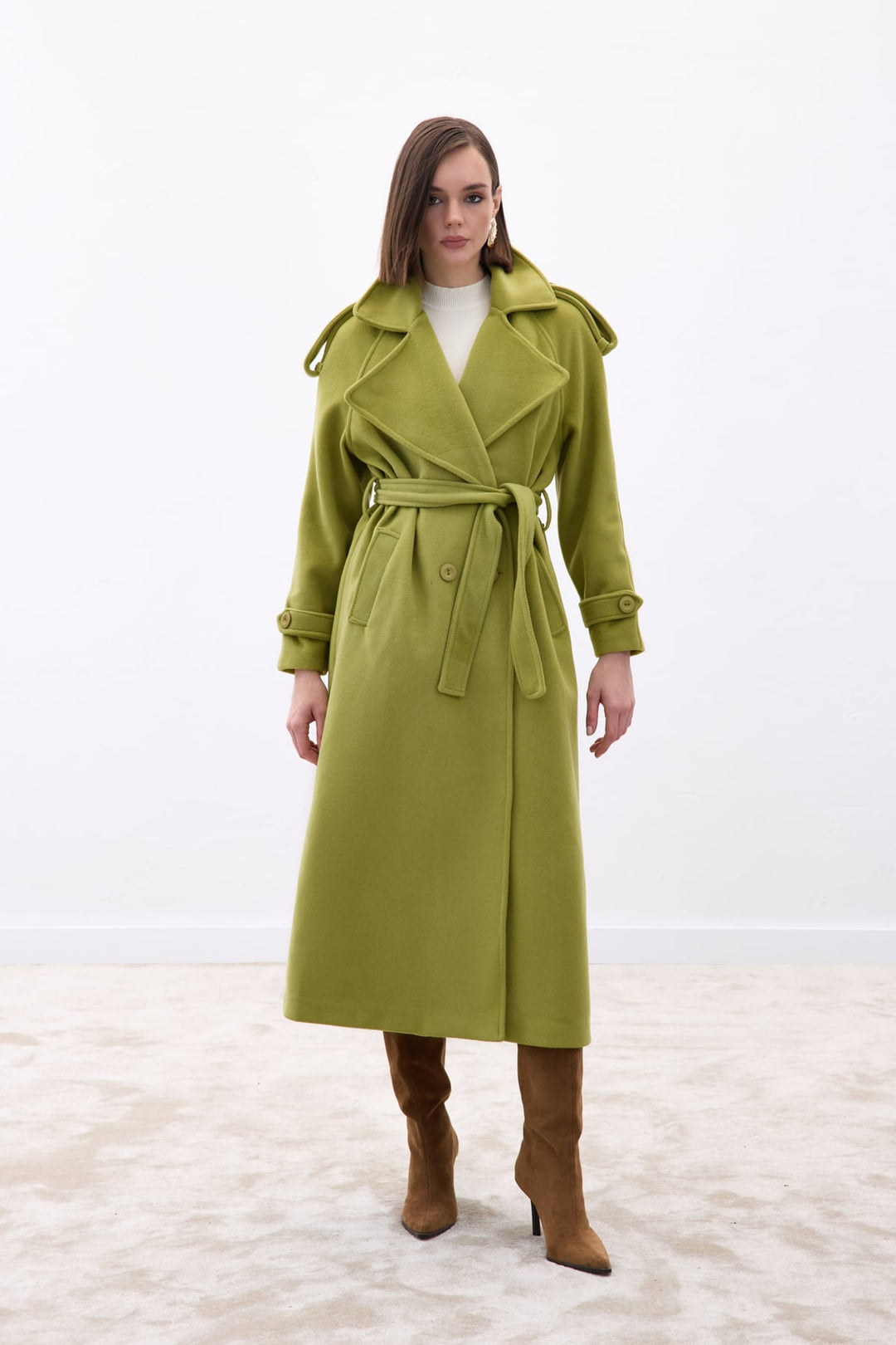 Sateen Manteau long à col large - Vert