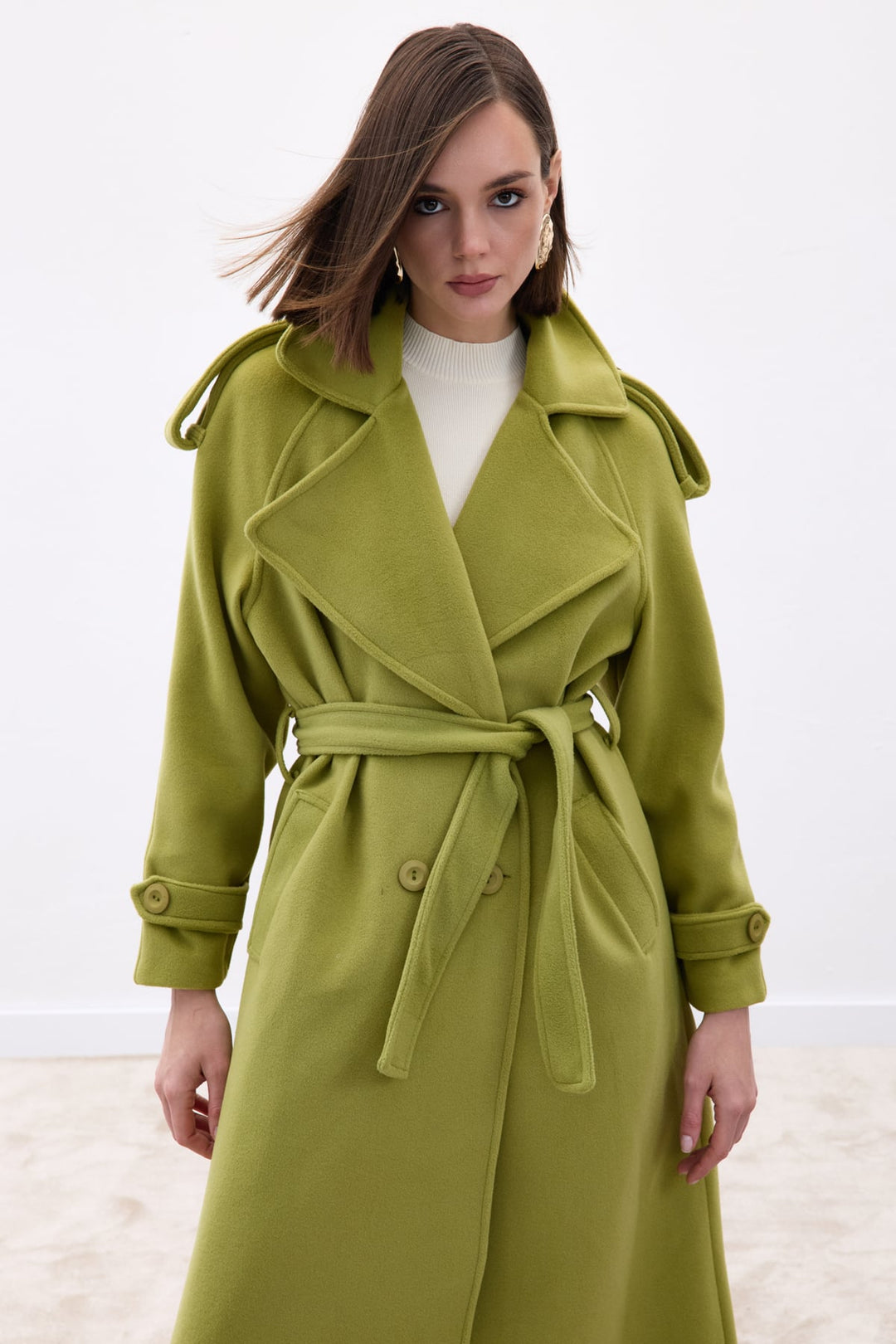 Sateen Manteau long à col large - Vert