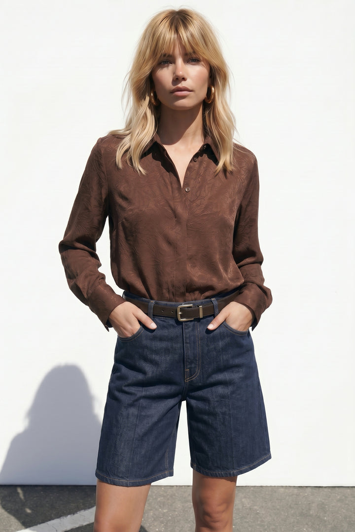 Sateen Chemise à patte cachée - Clair Marron