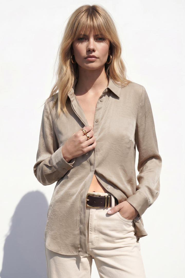 Sateen Chemise à patte cachée - Beige