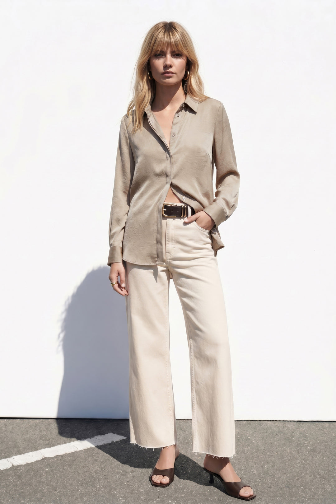 Sateen Chemise à patte cachée - Beige