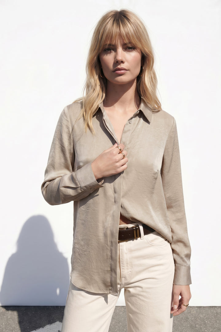 Sateen Chemise à patte cachée - Beige