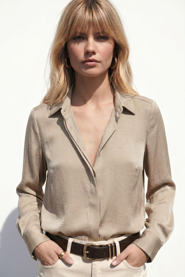 Sateen Chemise à patte cachée - Beige