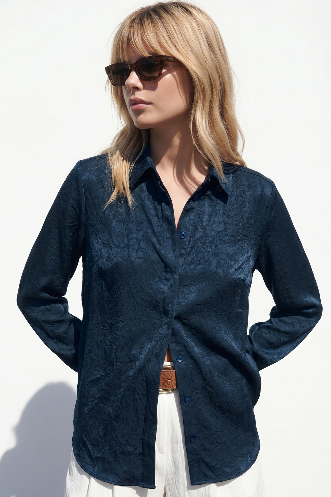 Sateen Chemise à patte cachée - Bleu marine