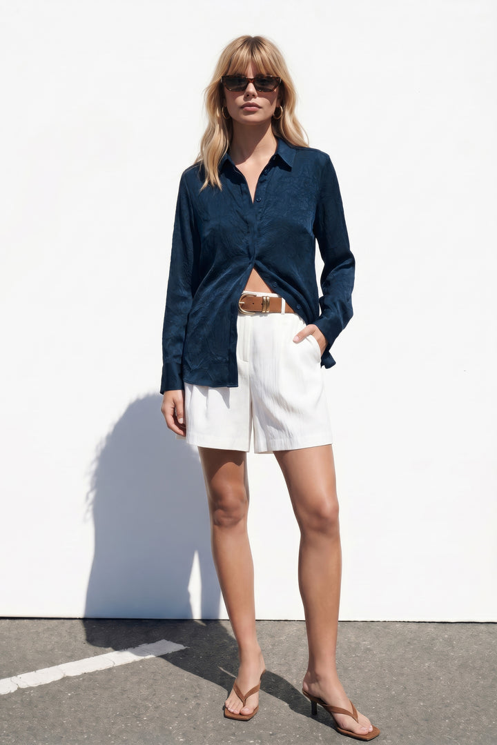 Sateen Chemise à patte cachée - Bleu marine