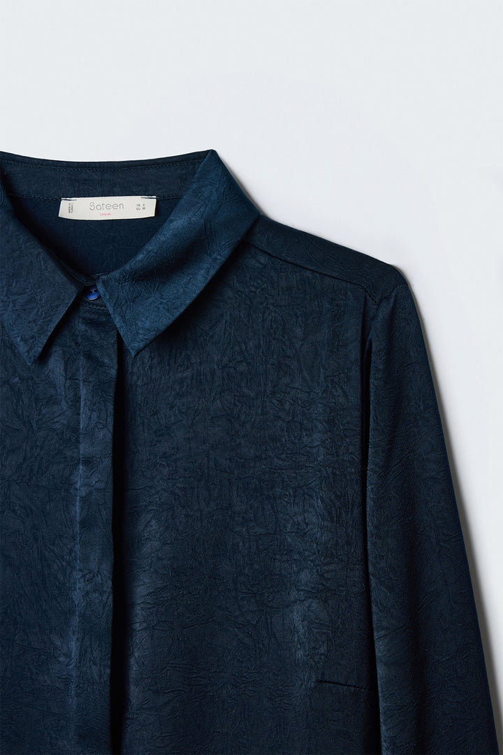 Sateen Chemise à patte cachée - Bleu marine