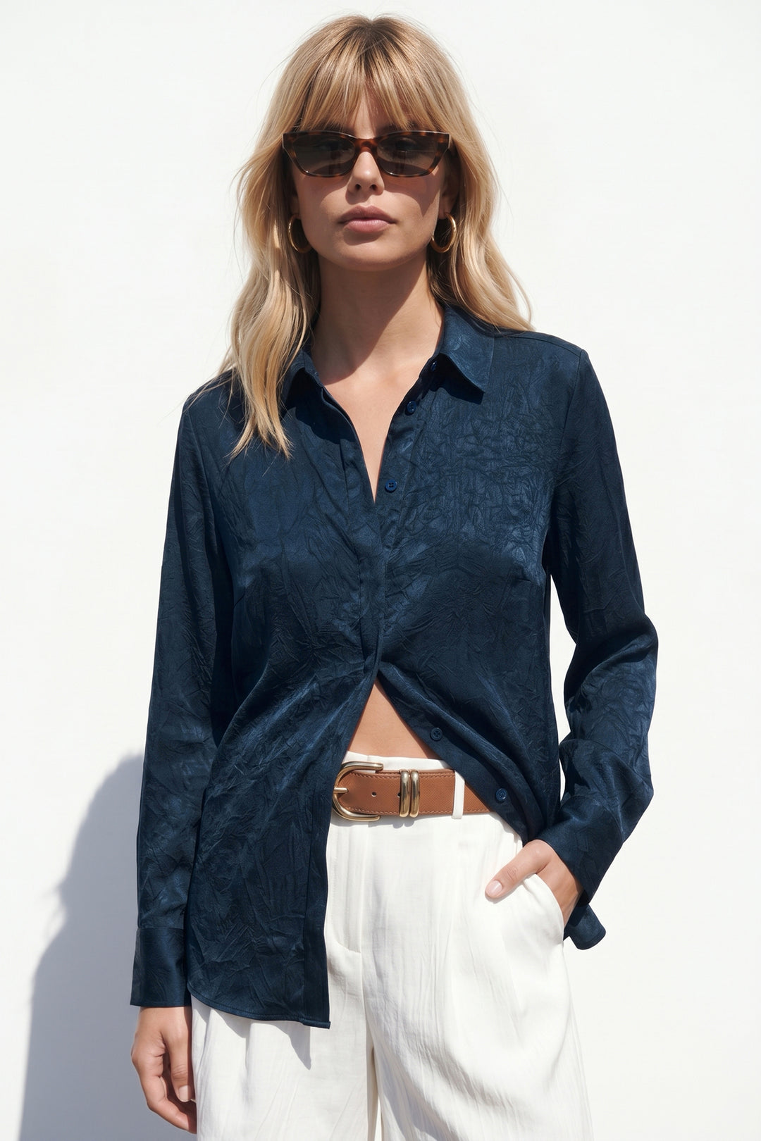 Sateen Chemise à patte cachée - Bleu marine