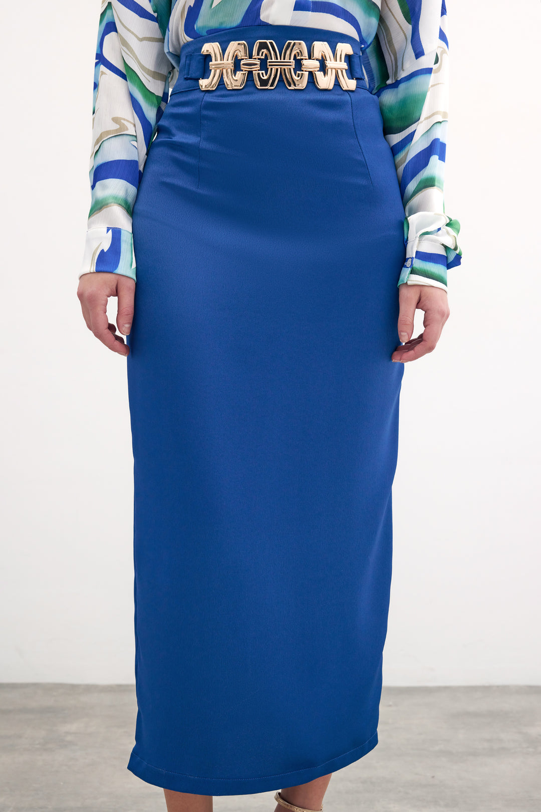 Sateen Jupe longue avec accessoire doré - sax Bleu