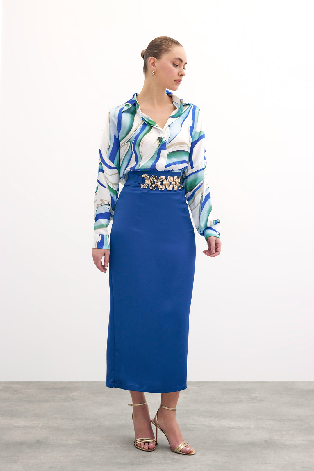 Sateen Jupe longue avec accessoire doré - sax Bleu