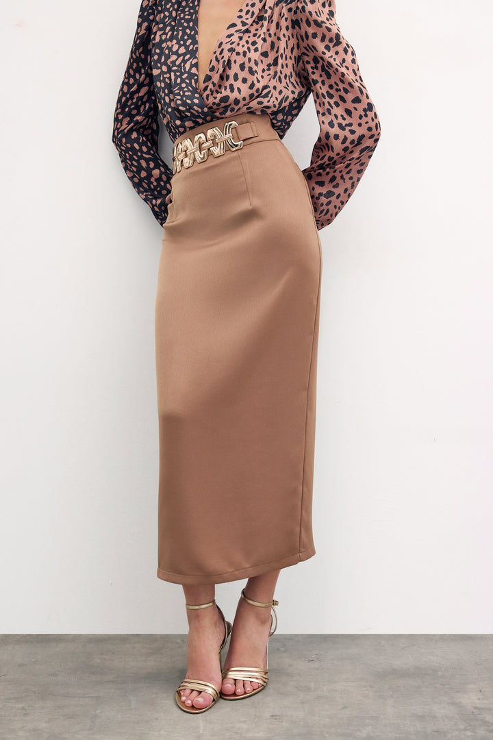 Sateen Jupe longue avec accessoire doré - Vison