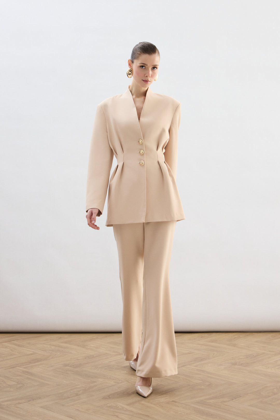 Sateen Veste Longue à Boutons Dorés - Beige