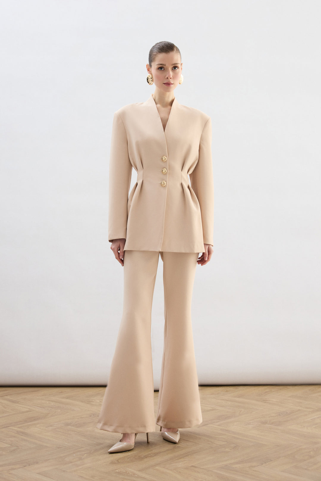 Sateen Veste Longue à Boutons Dorés - Beige