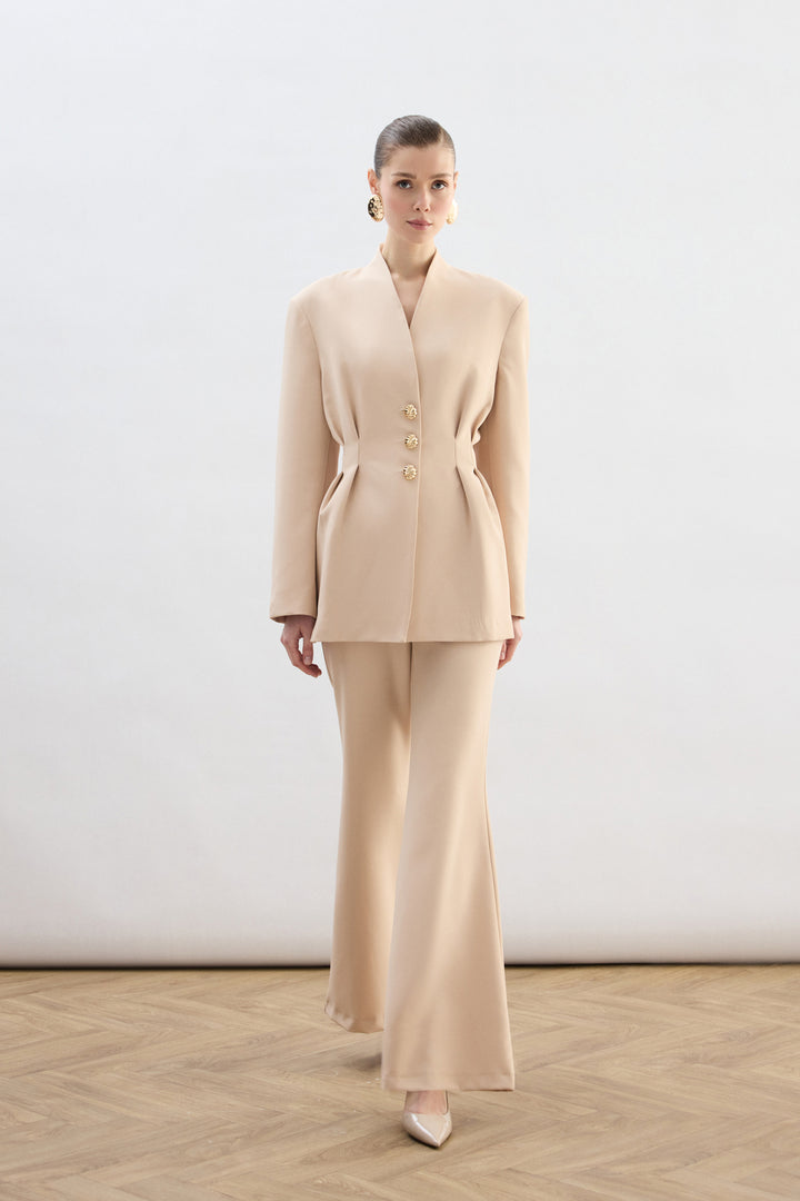 Sateen Veste Longue à Boutons Dorés - Beige