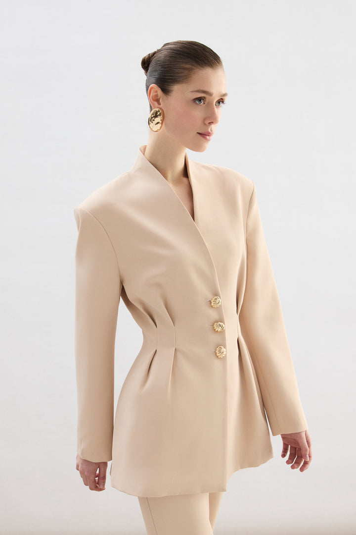 Sateen Veste Longue à Boutons Dorés - Beige