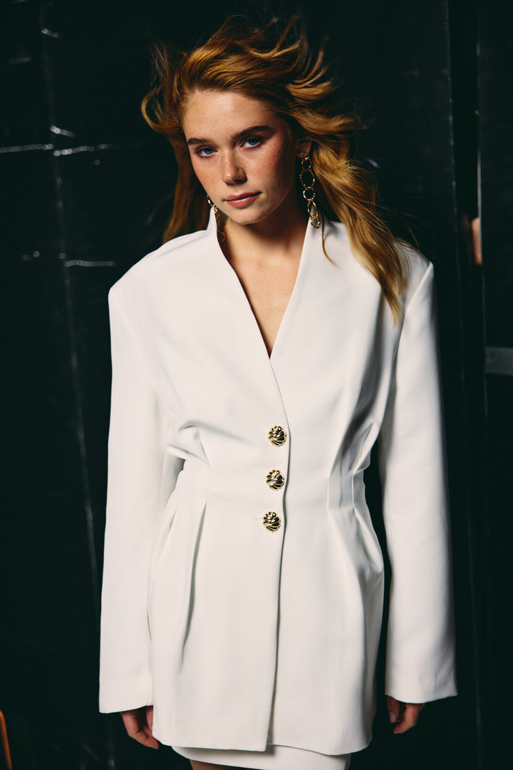 Sateen Veste Longue à Boutons Dorés - Écru