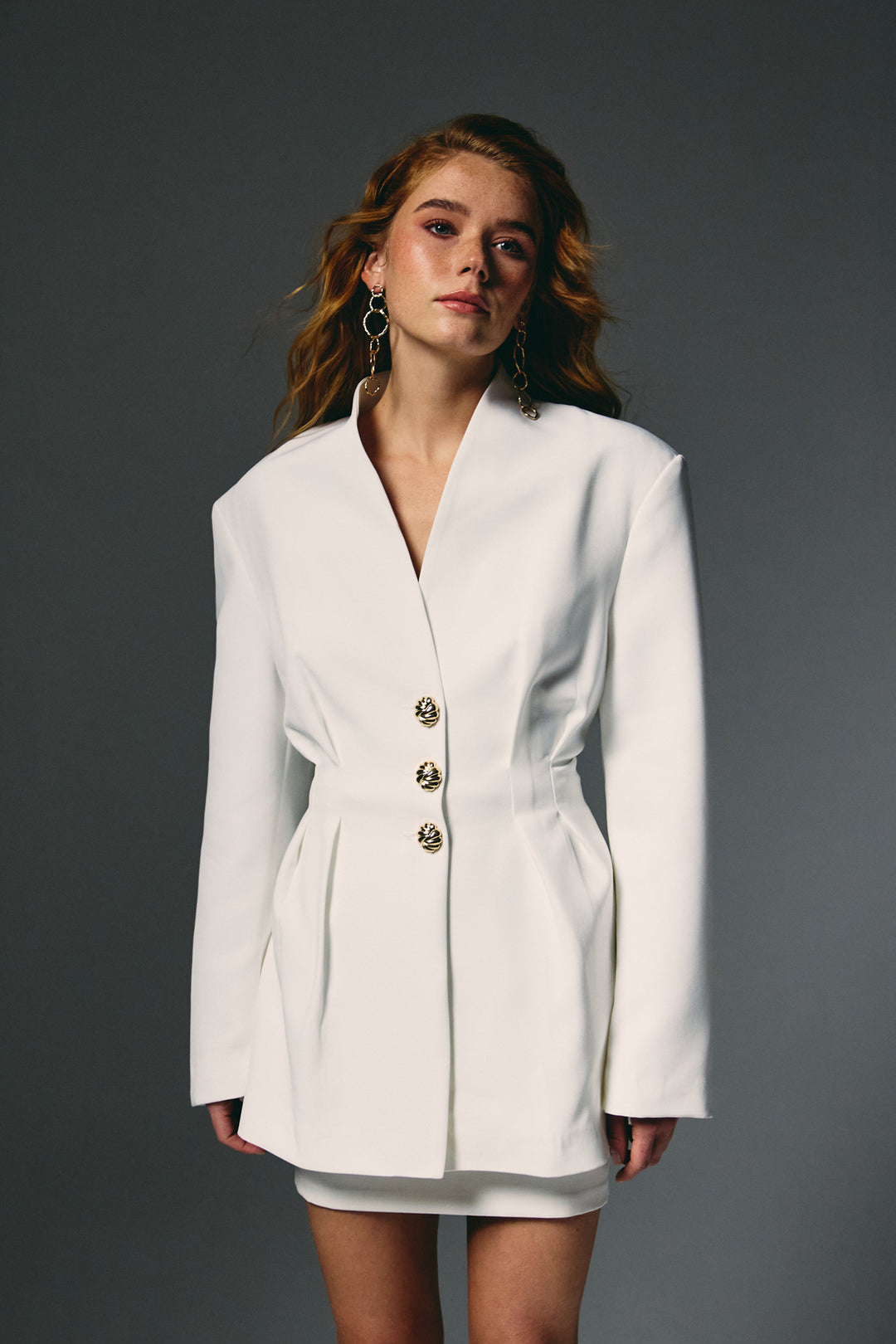 Sateen Veste Longue à Boutons Dorés - Écru