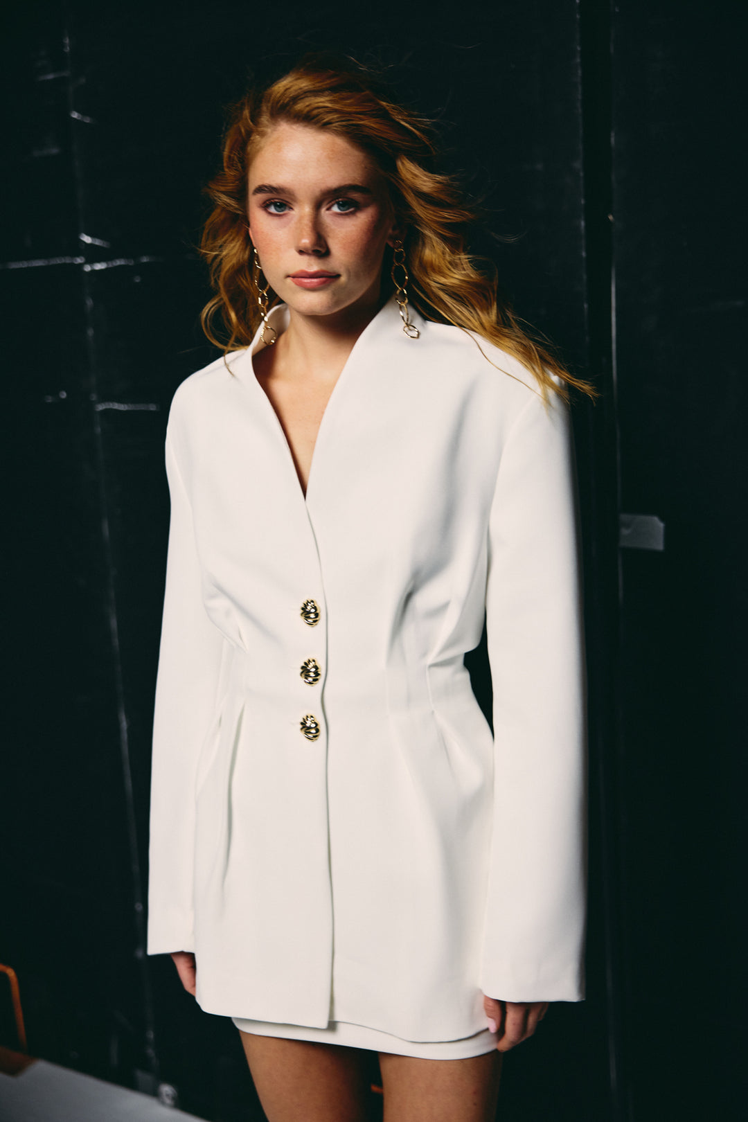 Sateen Veste Longue à Boutons Dorés - Écru