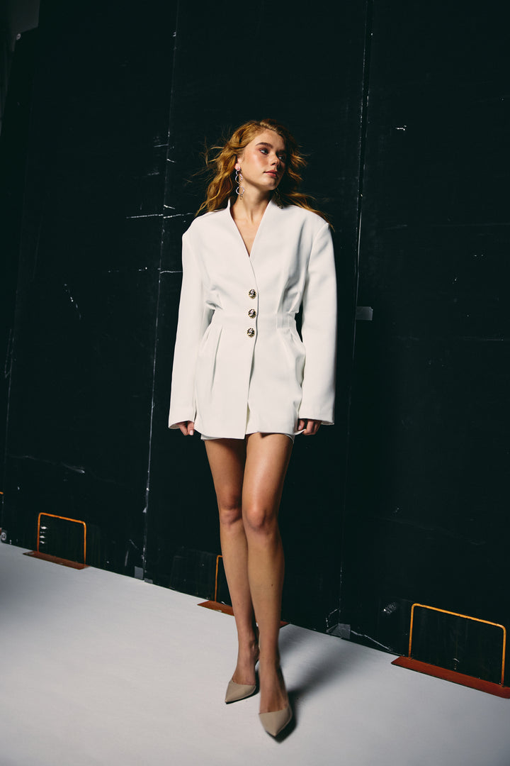 Sateen Veste Longue à Boutons Dorés - Écru