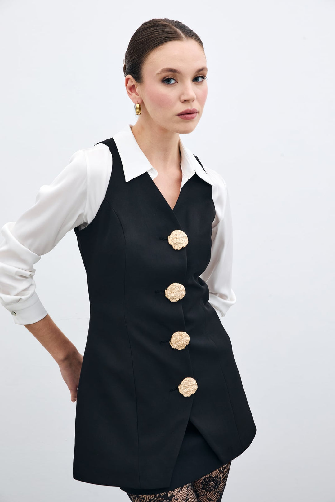 Sateen Gilet Boutonné Doré - Noir