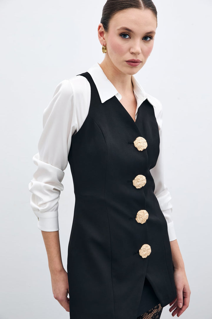 Sateen Gilet Boutonné Doré - Noir