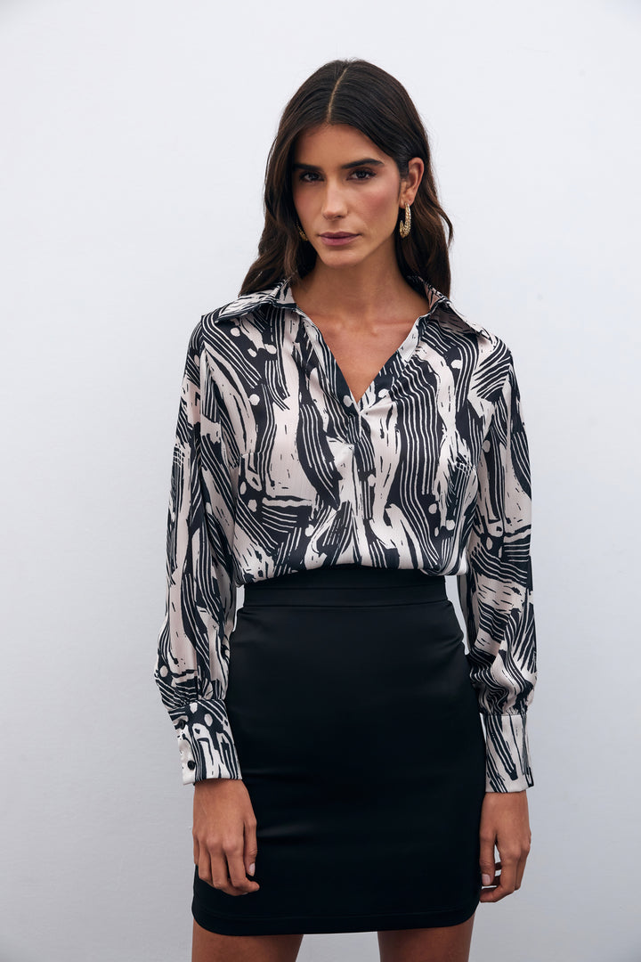 Sateen Blouse à col chemise - Noir