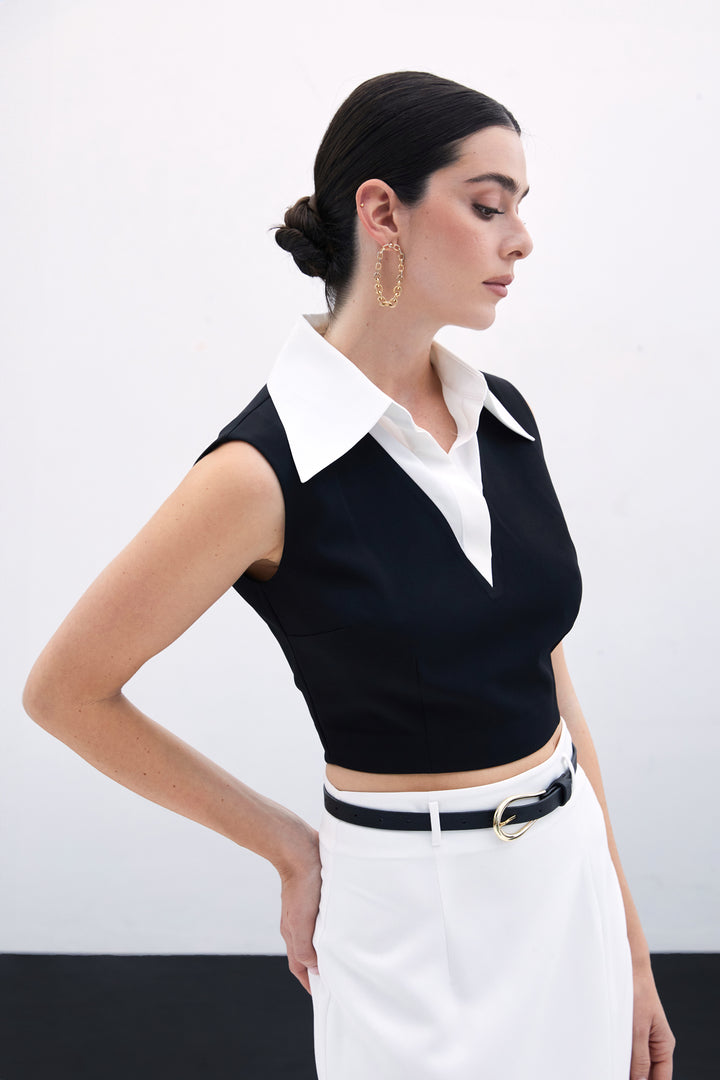 Sateen Blouse à col chemise courte - Noir