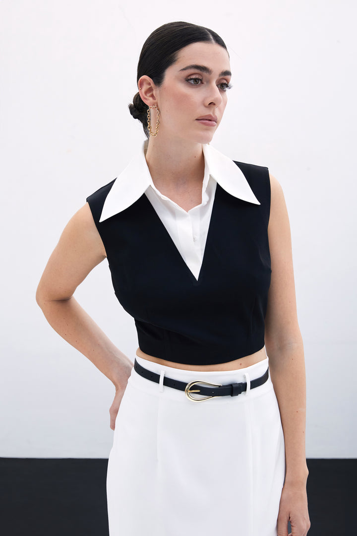 Sateen Blouse à col chemise courte - Noir