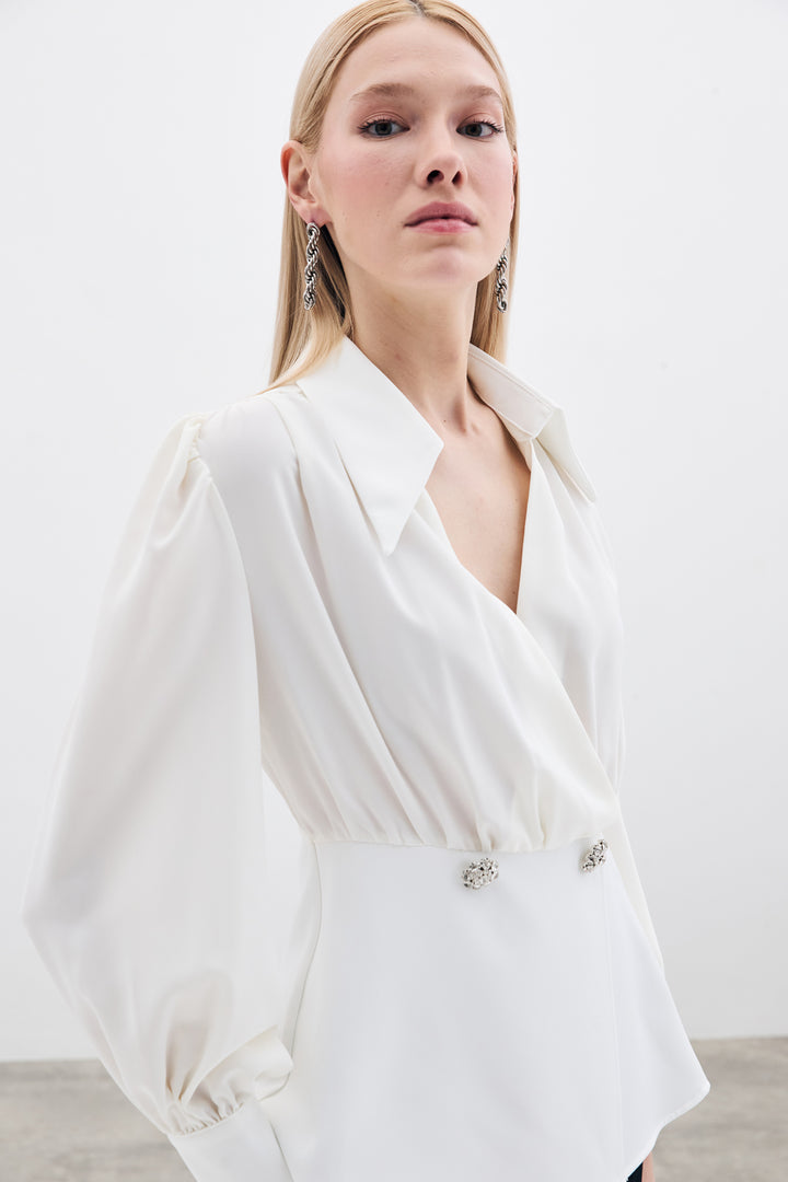 Sateen Blouse à col chemise - Écru