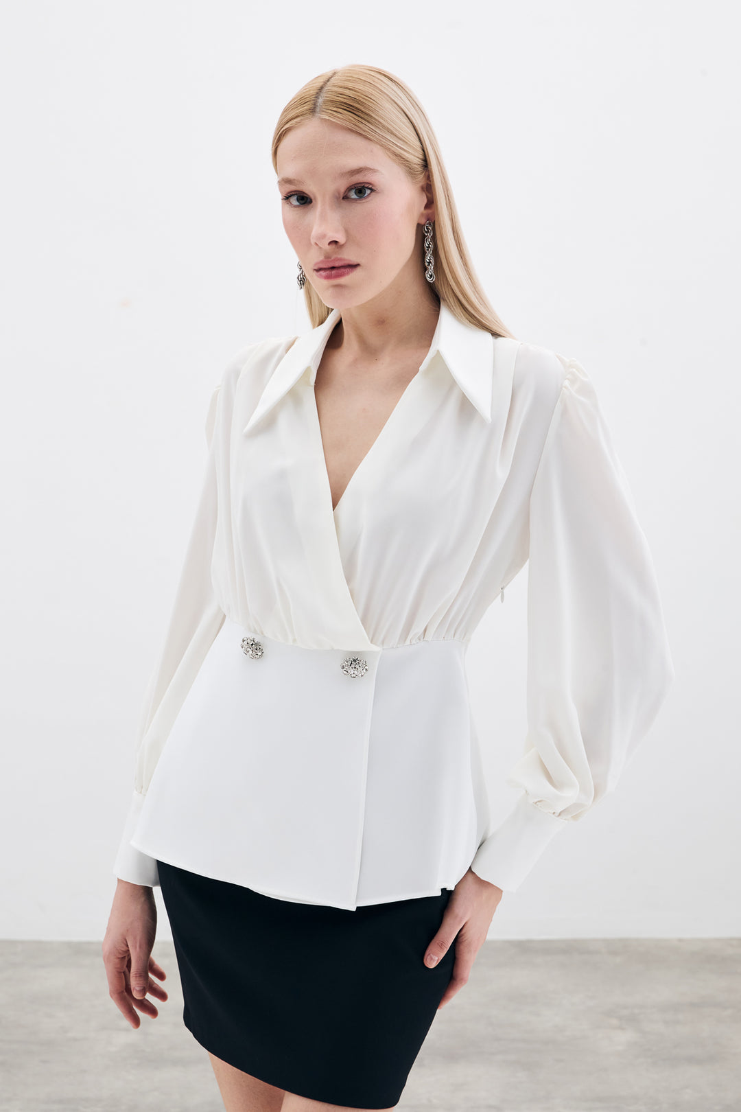 Sateen Blouse à col chemise - Écru