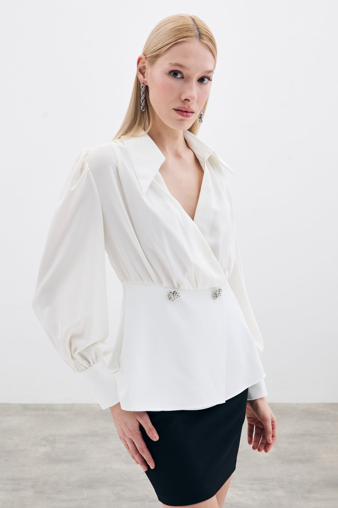 Sateen Blouse à col chemise - Écru