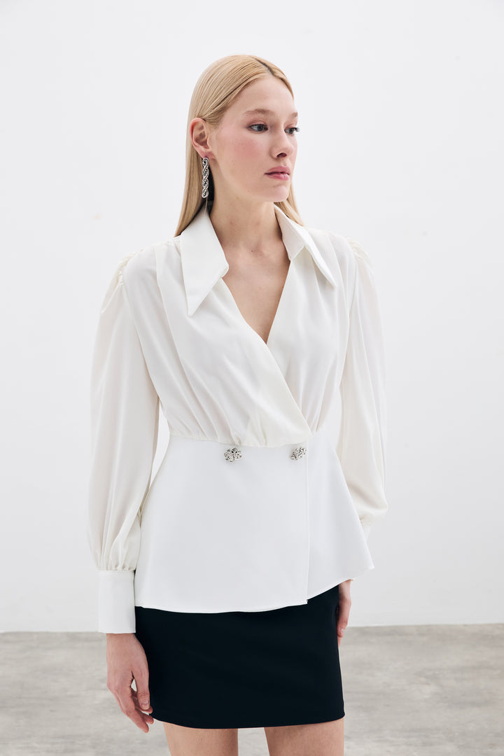 Sateen Blouse à col chemise - Écru