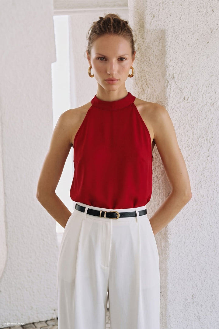 Sateen Blouse Col Halter - Rouge