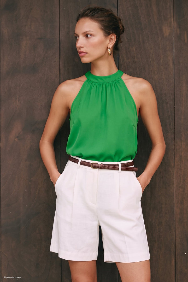 Sateen Blouse Col Halter - Vert