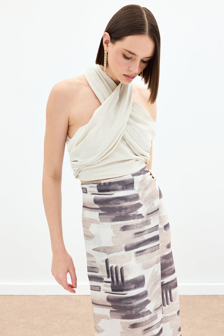 Sateen Top court en lin à col halter - Beige