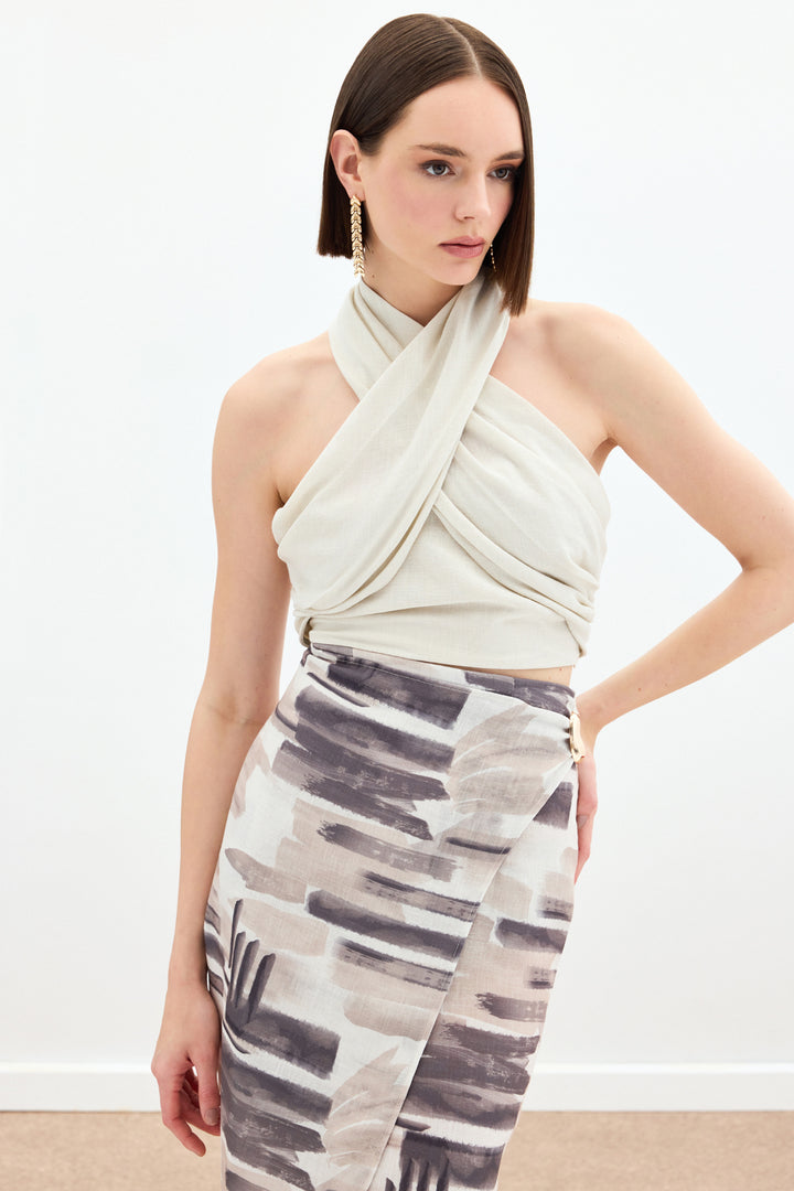Sateen Top court en lin à col halter - Beige