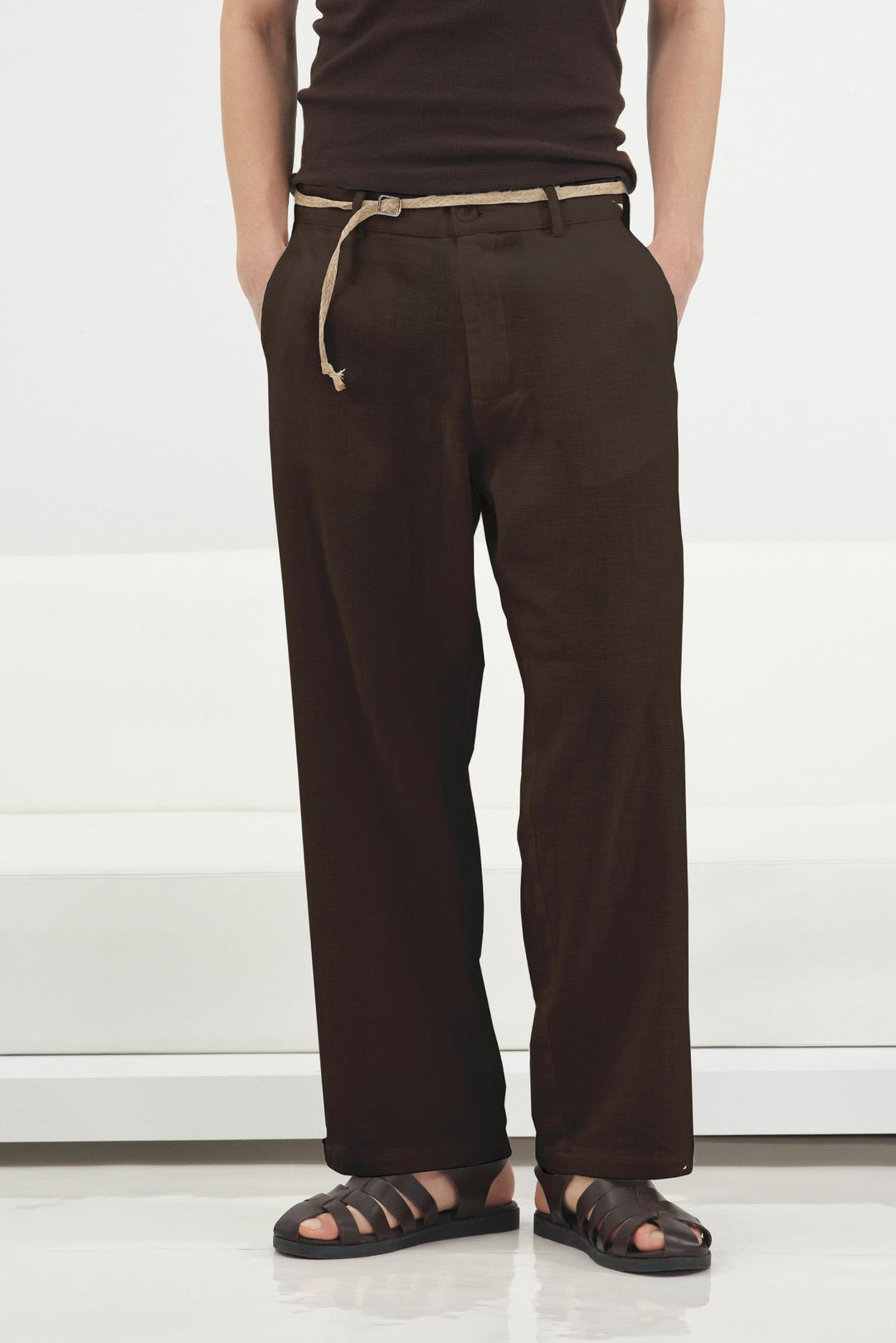 Giesto Pantalon en lin marron avec ceinture en osier - Marron