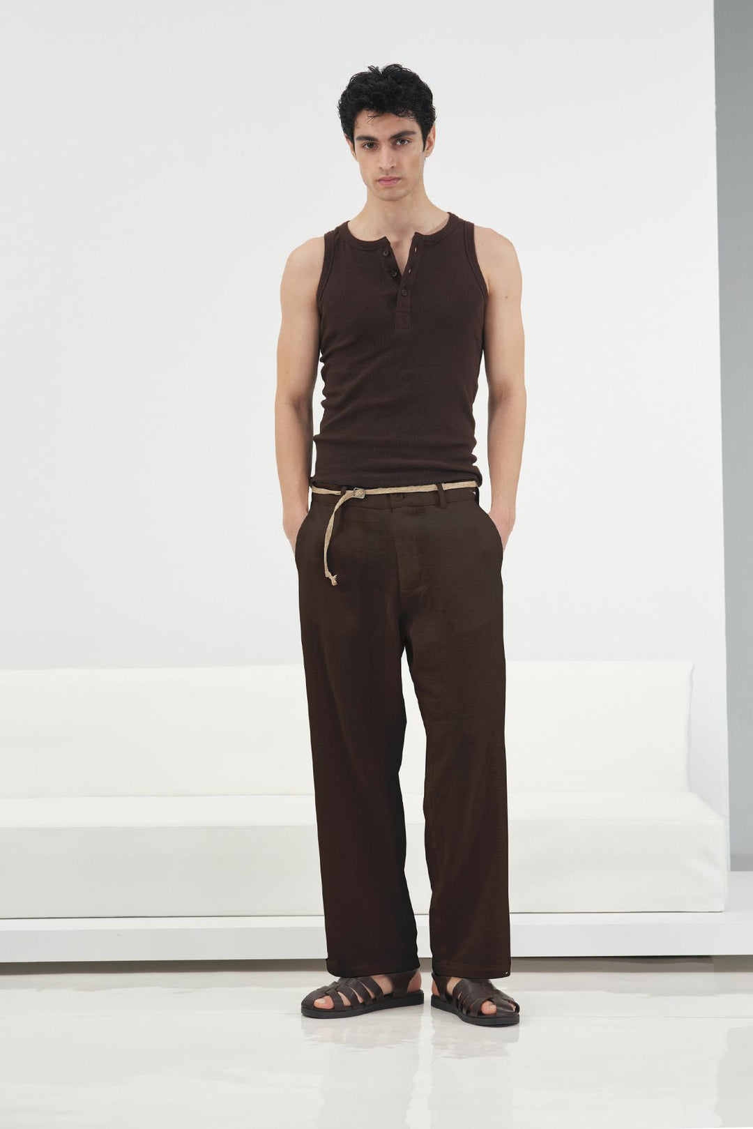 Giesto Pantalon en lin marron avec ceinture en osier - Marron